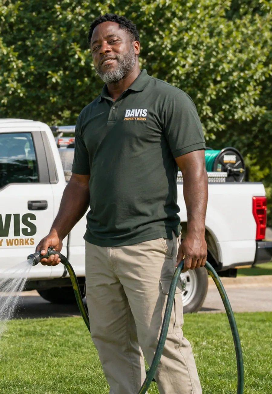 Chris Davis, owner of Davis Property Works, in a branded polo shirt watering a lawn beside the company work truck
