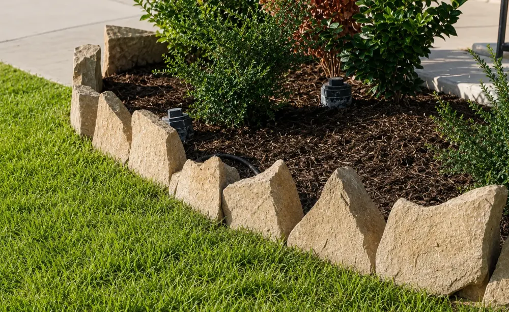 Hand set stone border separating a mulched flower bed from a freshly cut lawn